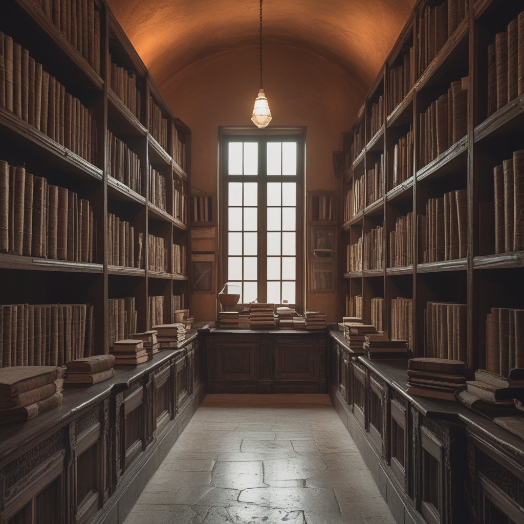 Biblioteca antigua con estantes de madera oscura llenos de libros encuadernados en cuero, iluminada por una lámpara de escritorio de luz cálida que crea una atmósfera de estudio académico sereno