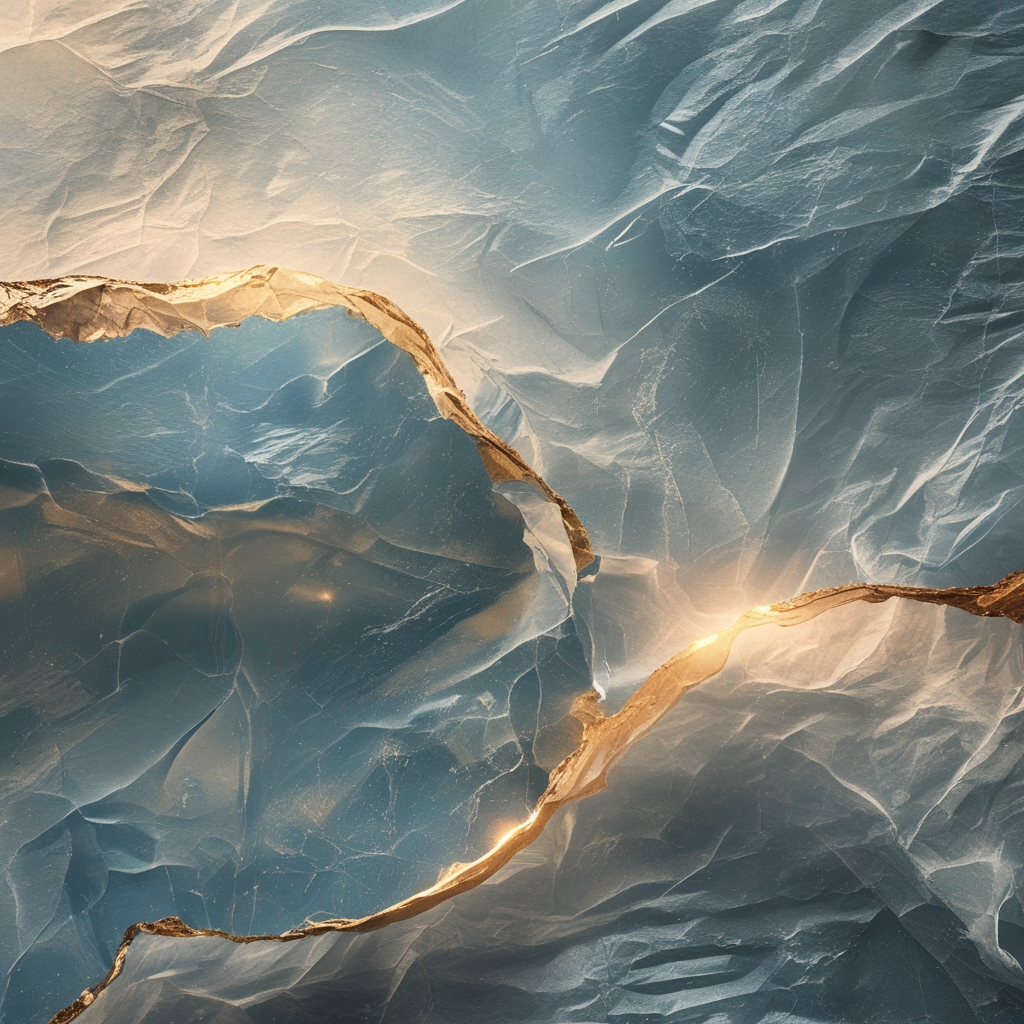 Imagen abstracta de luz difusa y enfocada a través de un cristal, con rayos de luz que crean patrones de enfoque y desenfoque sobre una superficie de papel translúcido en tonos azulados y dorados