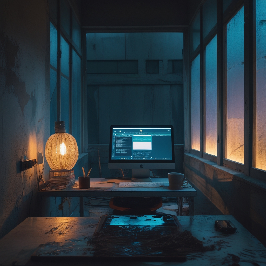 Pantalla de ordenador portátil encendida en una habitación oscura con luz azul que ilumina el espacio alrededor, sobre una mesa de trabajo desordenada con apuntes y una taza, evocando trabajo nocturno prolongado