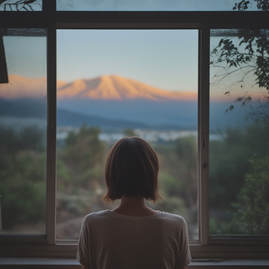Vista desde atrás de una persona mirando hacia el horizonte a través de una ventana panorámica con un paisaje de montañas difuminadas en la distancia, en luz de atardecer dorado
