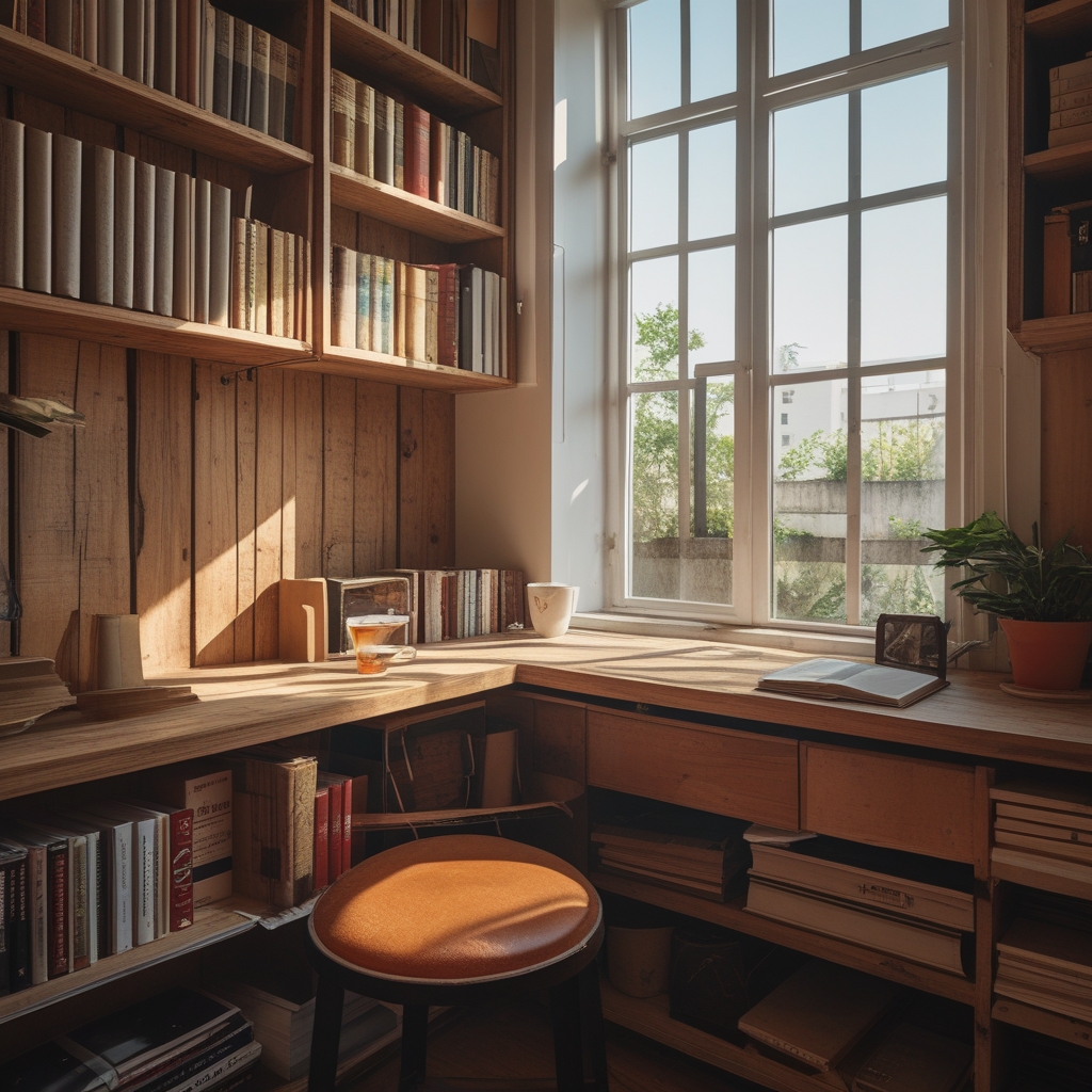 Escritorio de madera con libros apilados, una taza de té humeante y luz natural suave que entra por una ventana, creando un ambiente de estudio tranquilo y concentrado