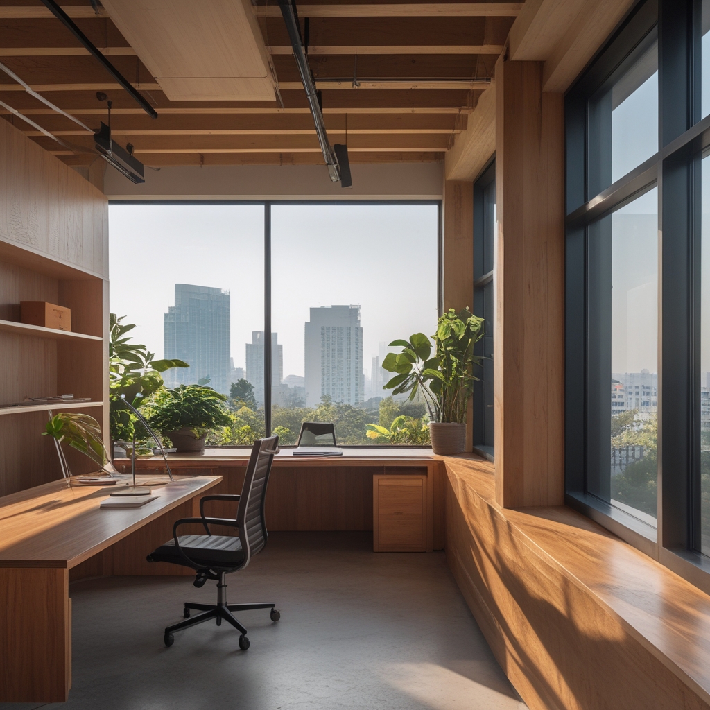 Espacio de trabajo de oficina moderno y ordenado con escritorio de madera, luz natural suave desde la ventana lateral y plantas verdes en el fondo, atmósfera de concentración serena