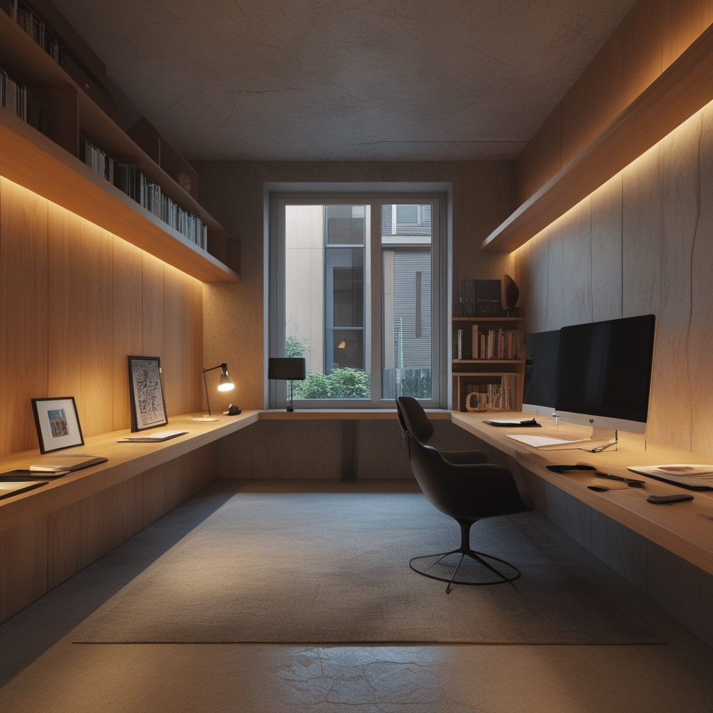 Espacio de lectura interior minimalista con lámpara de escritorio de luz cálida, superficie de madera natural, cuadernos apilados y luz tenue que crea una atmósfera de estudio íntimo y concentrado